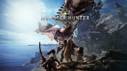 HD desktop wallpaper featuring Rathalos from Monster Hunter: World, where hunters confront the fierce wyvern on a seaside cliff.