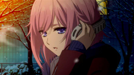 An HD wallpaper featuring Matsuri Mizusawa from Citrus (Anime) with pink hair, purple eyes, and headphones, set against a twilight background.