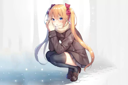 HD anime-style original artwork of a blonde girl with blue eyes, wearing a winter coat and scarf, crouching in a snowy, softly lit background, designed as a PC desktop wallpaper.