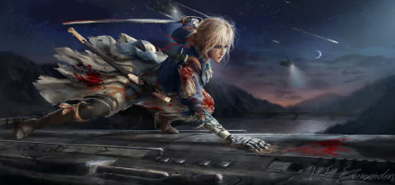 HD desktop wallpaper featuring Violet Evergarden from the anime 'Violet Evergarden', depicted in dynamic action with a dramatic, moonlit background.