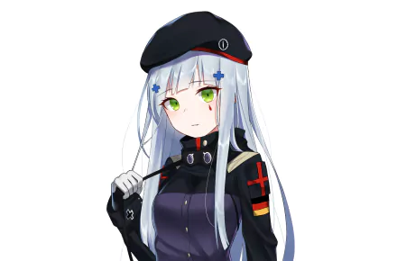 HD PC desktop wallpaper featuring HK416 from the video game Girls' Frontline, showcasing her white hair and striking green eyes.
