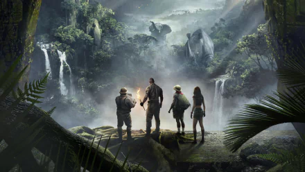 HD desktop wallpaper of Jumanji: Welcome to the Jungle with Kevin Hart, Karen Gillan, Jack Black, and Dwayne Johnson, featuring the group standing in an exotic jungle landscape with waterfalls.