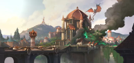 HD fantasy desktop wallpaper depicting a town with a dome building under destruction as a dragon breathes smoke and fire, creating chaos in the scene.