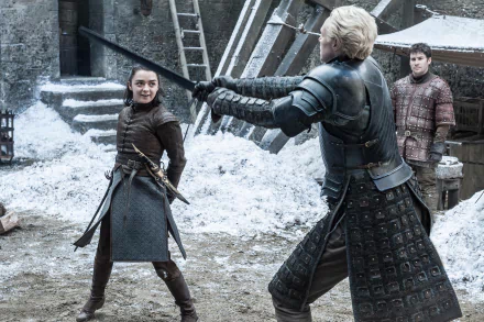 Daniel Portman Gwendoline Christie Maisie Williams Podrick Payne Brienne Of Tarth Arya Stark TV Show Game Of Thrones HD Desktop Wallpaper | Background Image