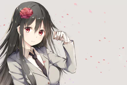 HD anime original artwork of a girl with long dark hair, red eyes, and a red flower in her hair, posing with a light gray background and pink petals falling around her.