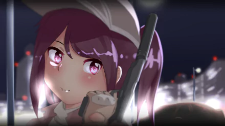Anime original 2K Quad HD PC desktop wallpaper/background: close-up of a purple-haired twin-tail girl with glowing pink eyes holding a radio, city lights blurred in the night behind her.