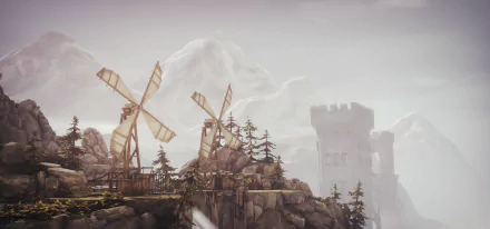 2K Quad HD PC wallpaper from the video game Brothers: A Tale of Two Sons — windmills on a rocky ridge, pine trees, misty mountains and a distant castle tower.