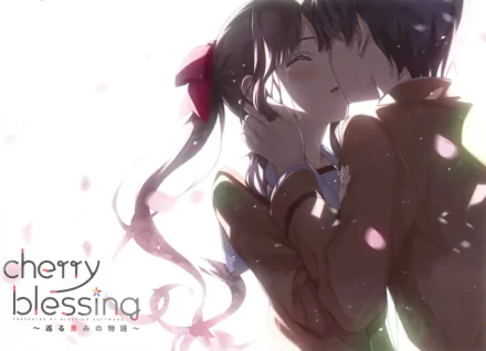 HD anime desktop wallpaper featuring Seiji Azumi and Megumi Katō from Saekano: How to Raise a Boring Girlfriend, with a romantic scene amidst cherry blossom petals and the text Cherry Blessing on the side.