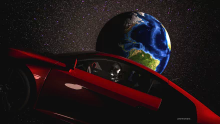CGI 4K Ultra HD sci-fi desktop wallpaper featuring a red car with an alien inside, set against a starry space backdrop with Earth prominently visible.