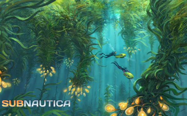 HD desktop wallpaper from the video game Subnautica featuring two divers exploring a vibrant underwater kelp forest illuminated by glowing flora.