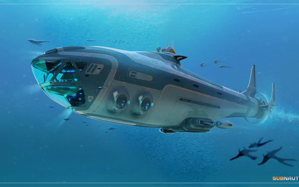 HD PC desktop wallpaper depicting the submarine from the video game Subnautica, exploring an underwater scene with sea creatures in vivid blue waters.