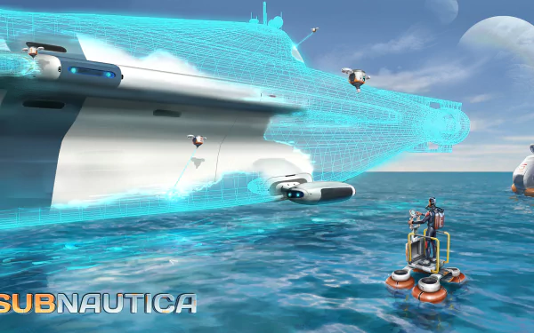 HD PC desktop wallpaper from the video game Subnautica, featuring a futuristic underwater vehicle and ocean scene with holographic effects.