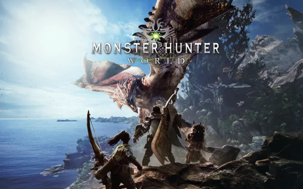 HD desktop wallpaper featuring Rathalos from Monster Hunter: World, where hunters confront the fierce wyvern on a seaside cliff.