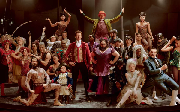 HD wallpaper of 'The Greatest Showman' cast posing in a theatrical setting for a desktop background.