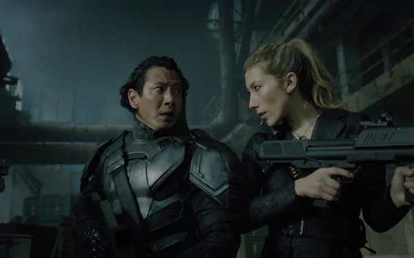 HD wallpaper of two characters from Altered Carbon in tactical gear, ready for action in a dim, industrial setting.