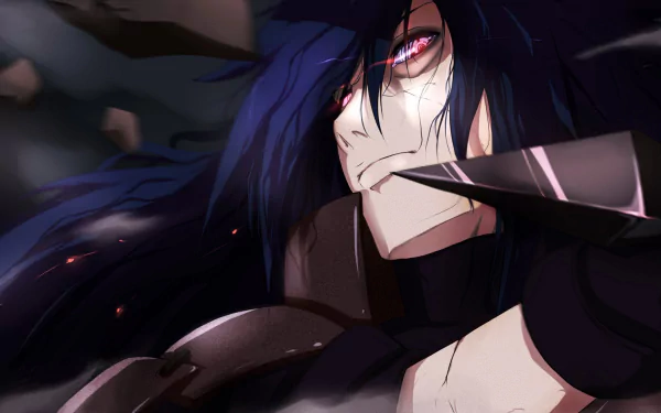 A high-definition wallpaper featuring Madara Uchiha from Naruto, showcasing his distinctive blue hair, Rinnegan eyes, and ninja attire, set against a dramatic background.