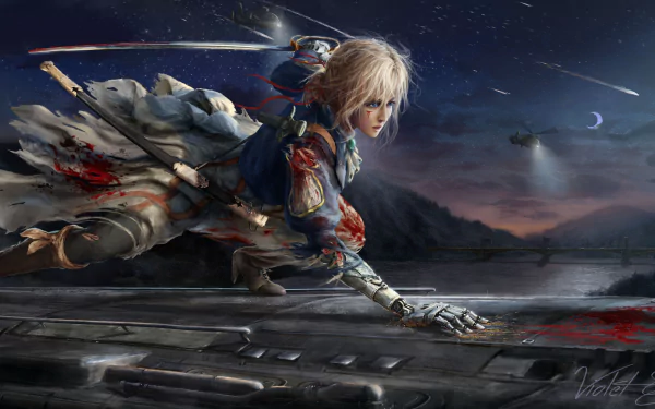 HD desktop wallpaper featuring Violet Evergarden from the anime 'Violet Evergarden', depicted in dynamic action with a dramatic, moonlit background.