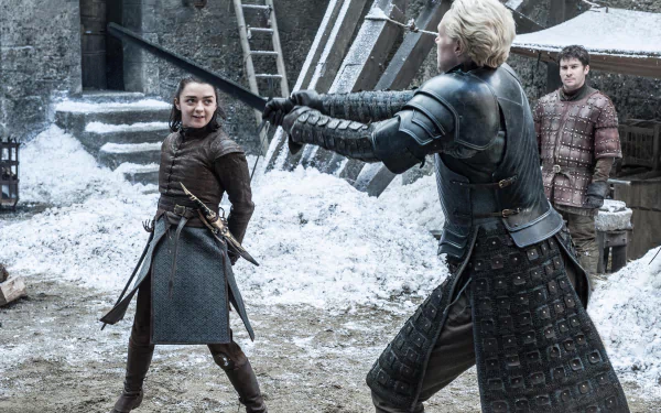 Daniel Portman Gwendoline Christie Maisie Williams Podrick Payne Brienne Of Tarth Arya Stark TV Show Game Of Thrones HD Desktop Wallpaper | Background Image