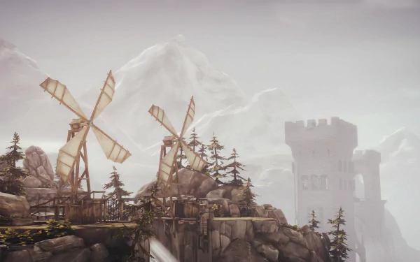 2K Quad HD PC wallpaper from the video game Brothers: A Tale of Two Sons — windmills on a rocky ridge, pine trees, misty mountains and a distant castle tower.