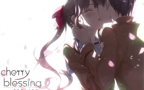 HD anime desktop wallpaper featuring Seiji Azumi and Megumi Katō from Saekano: How to Raise a Boring Girlfriend, with a romantic scene amidst cherry blossom petals and the text Cherry Blessing on the side.