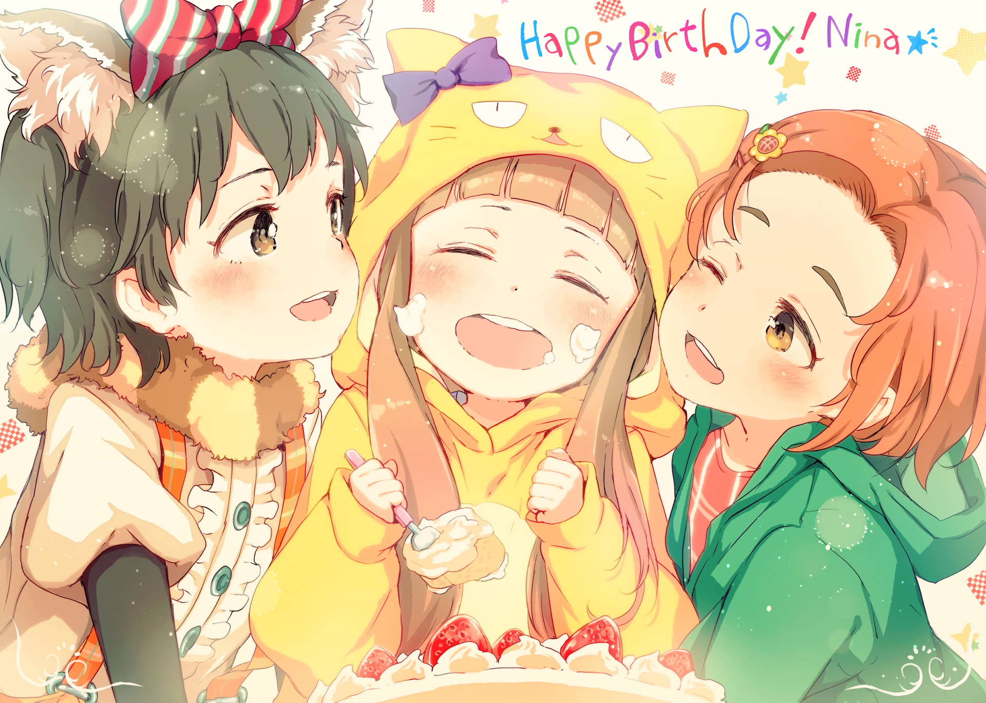 HD anime desktop wallpaper featuring Kaoru Ryuzaki, Nina Ichihara, and Miria Akagi from The iDOLM@STER Cinderella Girls celebrating a cheerful birthday moment.