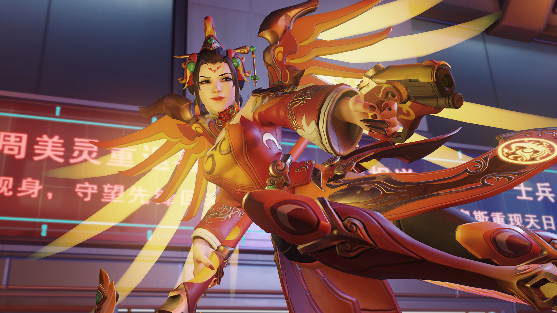 4K Ultra HD PC desktop wallpaper featuring Mercy from the video game Overwatch, showcasing her dynamic pose with glowing wings and vibrant armor in a futuristic setting.