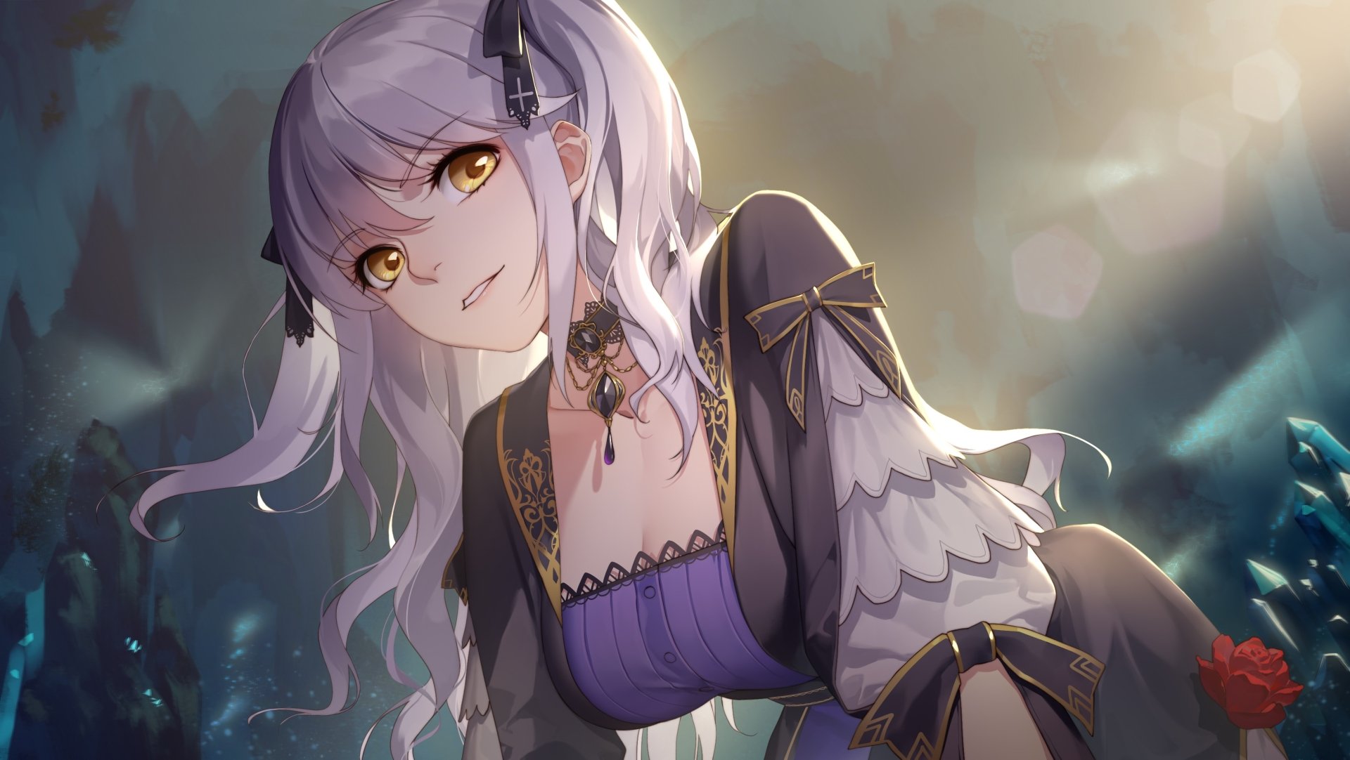Romantic Saga of Beauty & Devil anime wallpaper: silver-haired beauty with golden eyes in ornate black-and-purple dress, 2K Quad HD PC desktop background.