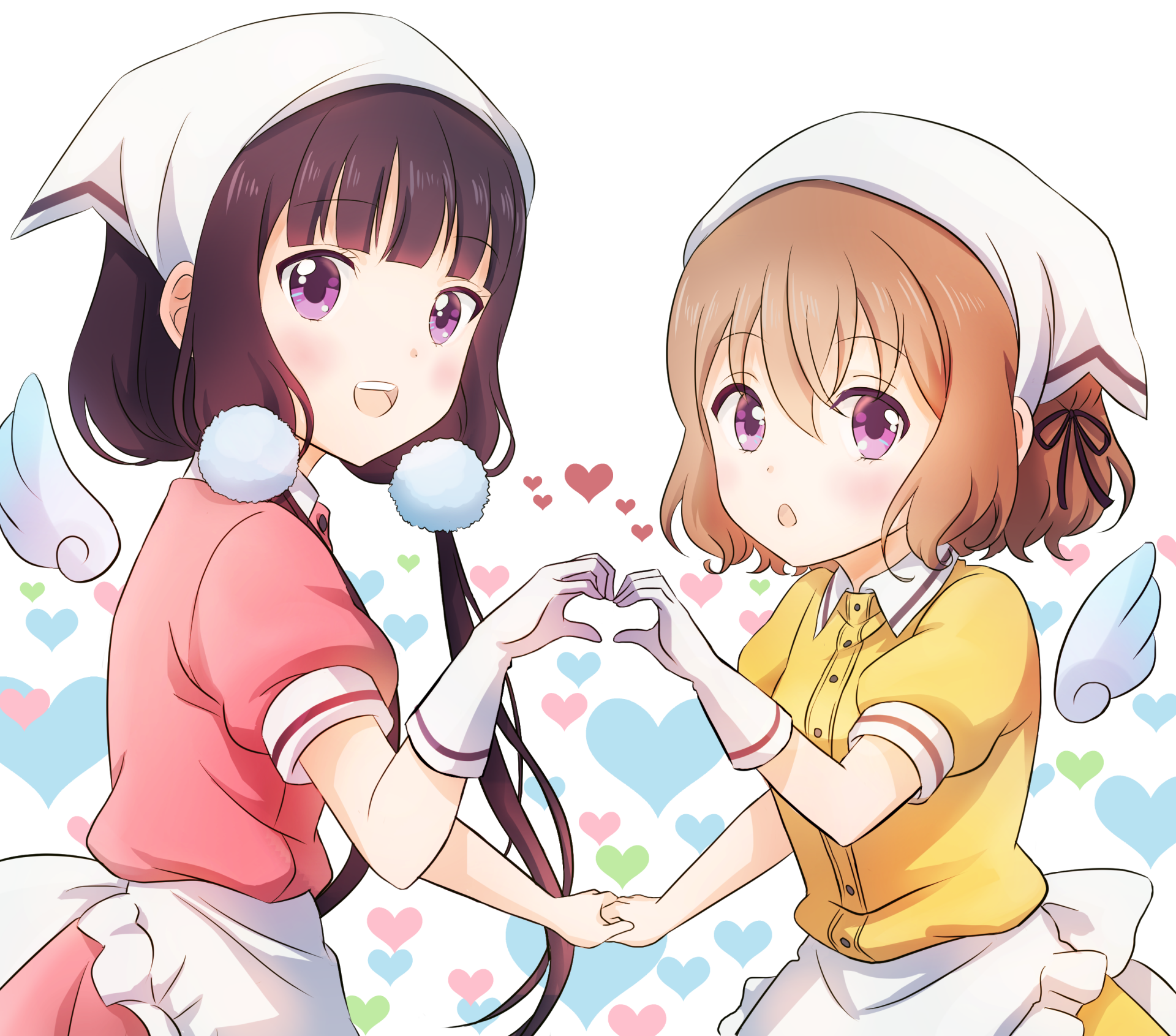 Anime-style HD wallpaper featuring Mafuyu Hoshikawa and Maika Sakuranomiya from Blend S, both blushing and smiling with ribbons, gloves, and purple eyes.