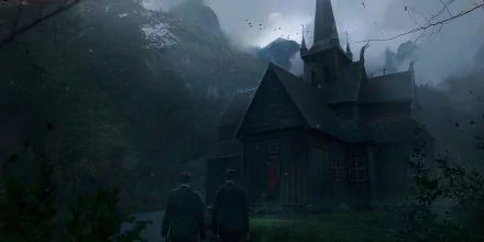 A dark, atmospheric scene featuring a mysterious building in a mountainous landscape at twilight. The HD wallpaper captures a moody ambiance with two figures in the foreground and birds in the sky.