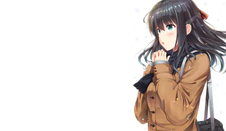 Anime-style original HD desktop wallpaper featuring a thoughtful girl with dark hair and blue eyes, wearing a brown coat and scarf against a white background.