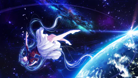 HD PC desktop wallpaper featuring Hatsune Miku from Vocaloid floating gracefully in a vibrant, star-filled anime-style cosmic scene above Earth.