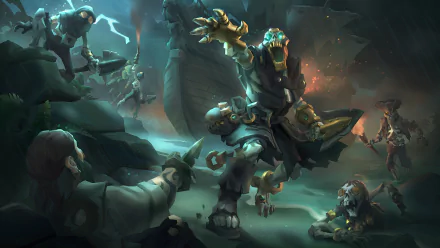 HD desktop wallpaper from Sea of Thieves, featuring the Gold Hoarder amidst an intense battle scene.