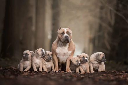A pit bull mother sits attentively with five curious puppies on a forest floor, captured with a shallow depth of field in this HD desktop wallpaper of baby animals.