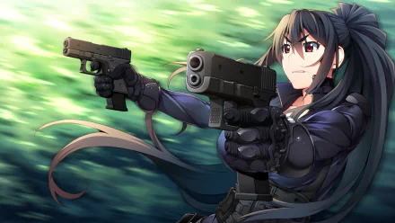 Anime-style HD desktop wallpaper from Grisaia: Phantom Trigger featuring a determined female character aiming two guns against a blurred green background.