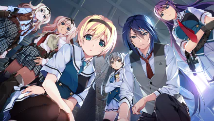 An HD desktop wallpaper featuring characters from the anime Grisaia: Phantom Trigger, showcasing a group of six colorful and detailed characters in a dynamic pose.