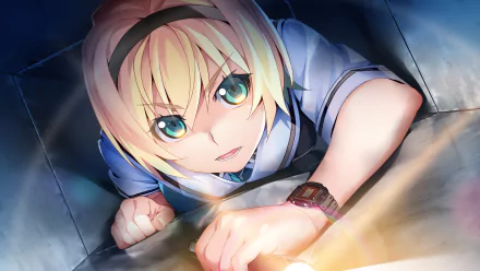 HD anime desktop wallpaper featuring a determined blonde character from Grisaia: Phantom Trigger, reaching forward with intense blue eyes in a dynamic scene.