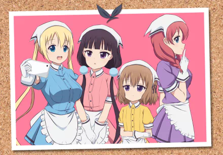 HD Anime desktop wallpaper featuring four female characters from Blend S in colorful maid outfits against a pink background.