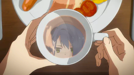 An HD desktop wallpaper featuring Ichigo from Darling in the FranXX, with her reflection in a cup of tea, and breakfast in the background.