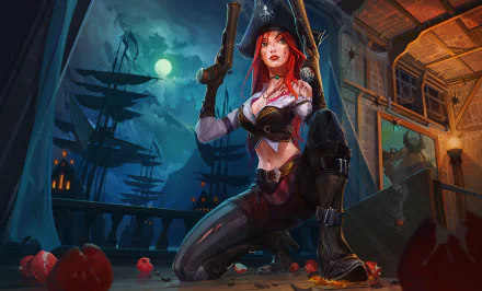 A fierce pirate woman with red hair and green eyes kneels on a ship, wielding a gun amidst a dramatic background, inspired by Miss Fortune from League of Legends.