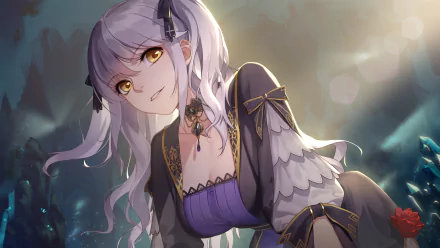 Romantic Saga of Beauty & Devil anime wallpaper: silver-haired beauty with golden eyes in ornate black-and-purple dress, 2K Quad HD PC desktop background.