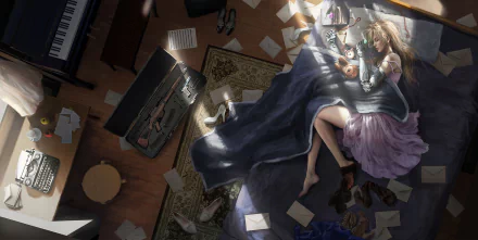 HD anime desktop wallpaper featuring Violet Evergarden lying on the floor surrounded by scattered letters and papers, bathed in soft daylight.