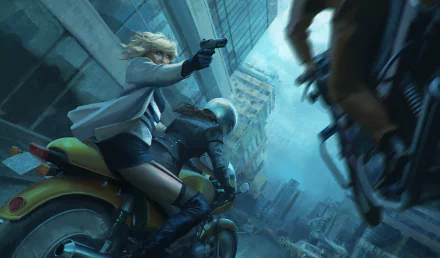 4K Ultra HD wallpaper featuring a blonde woman warrior from Atomic Blonde, riding a motorcycle and aiming a gun amid a cityscape.