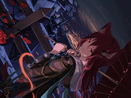 An anime-style HD wallpaper featuring a red-haired, red-eyed cat girl in Japanese attire. She holds a sword and umbrella, with water, buildings, and a dark, atmospheric background.