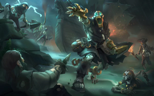 HD desktop wallpaper from Sea of Thieves, featuring the Gold Hoarder amidst an intense battle scene.