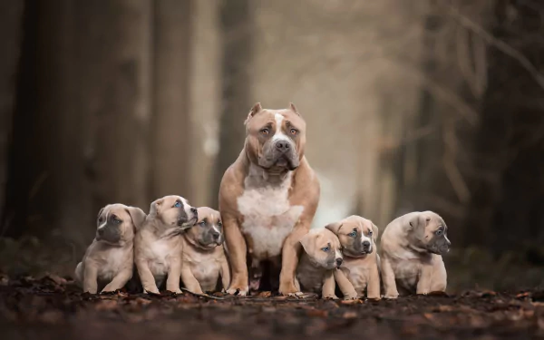 A pit bull mother sits attentively with five curious puppies on a forest floor, captured with a shallow depth of field in this HD desktop wallpaper of baby animals.