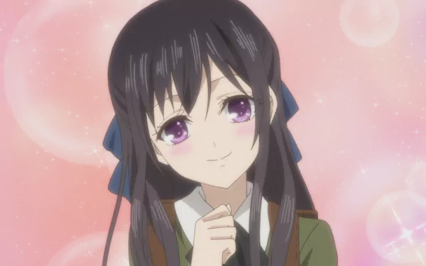 HD desktop wallpaper featuring Mei Aihara from the anime Citrus. The background shows a soft pink hue with light bubbles, highlighting Mei's gentle expression and dark hair.