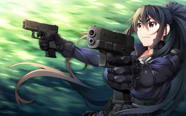 Anime-style HD desktop wallpaper from Grisaia: Phantom Trigger featuring a determined female character aiming two guns against a blurred green background.