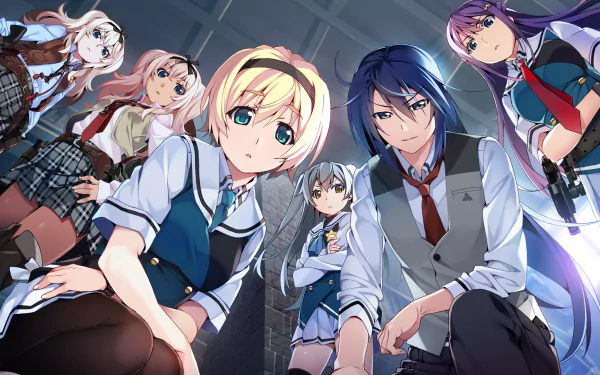 An HD desktop wallpaper featuring characters from the anime Grisaia: Phantom Trigger, showcasing a group of six colorful and detailed characters in a dynamic pose.