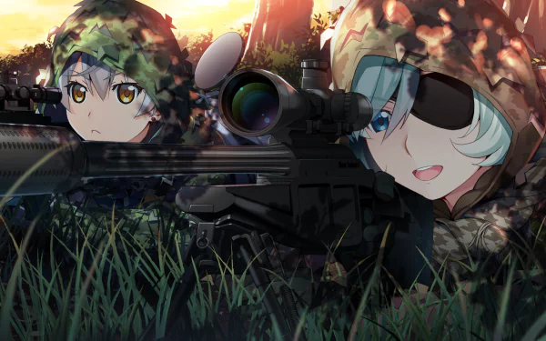 HD PC desktop wallpaper from the anime Grisaia: Phantom Trigger featuring two characters in camouflage gear aiming through a sniper rifle scope amid tall grass at sunset.