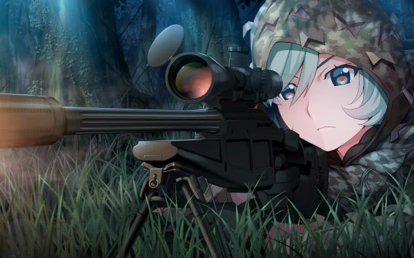 HD desktop wallpaper featuring an anime character from Grisaia: Phantom Trigger, aiming a sniper rifle in a forest setting. The character has light blue hair and wears a camouflage hood.